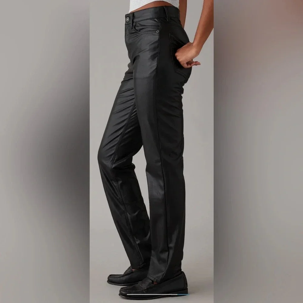 Sz US 10 short AE stretch vegan leather super high waisted straight pant black - Picture 5 of 10